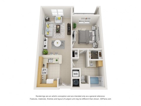 a stylized floor plan of a 1 bedroom apartment